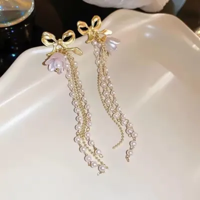 Purple Orchid Flower Pearl Decor Long Tassel Earring